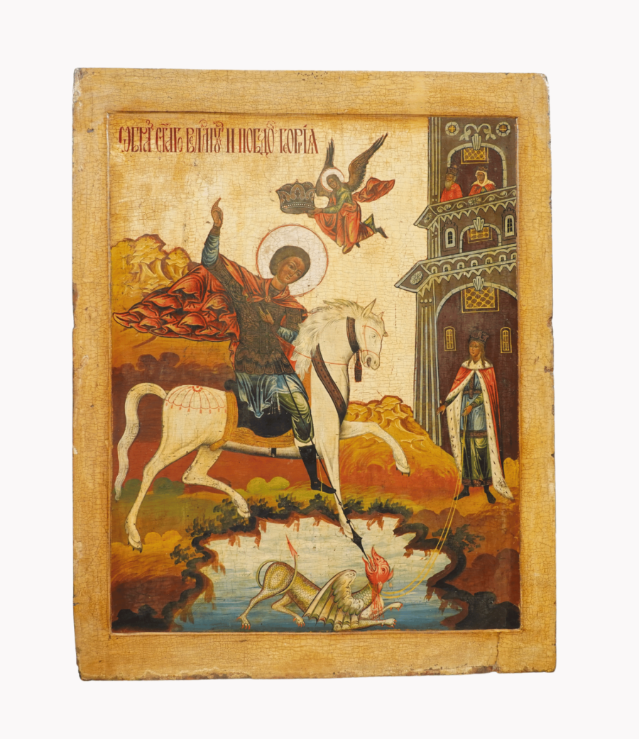Icona di San Giorgio sconfigge il drago, disponibile su Artenetworkicone.it.