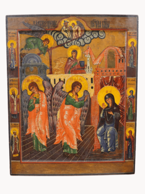 Icona dell'Annunciazione: l'Arcangelo Gabriele annuncia la buona novella a Maria, disponibile su Artenetworkicone.it
