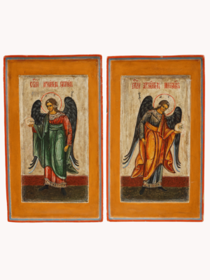 Icona degli Arcangeli Michele e Gabriele: due figure angeliche con ali maestose e simboli divini, disponibile su Artenetworkicone.it.