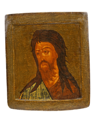 Icona di San Giovanni Battista: figura barbuta con abiti di pelle e bastone, simbolo di penitenza e rinascita, disponibile su Artenetworkicone.it.
