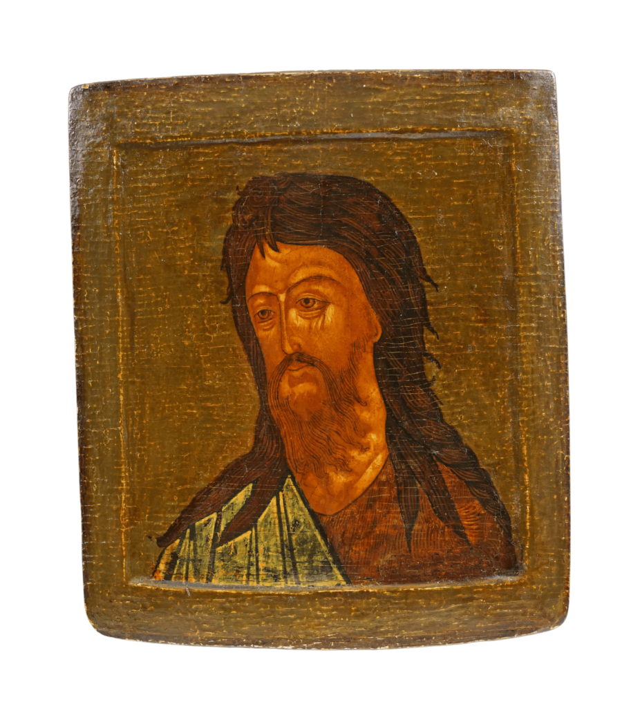 Icona di San Giovanni Battista: figura barbuta con abiti di pelle e bastone, simbolo di penitenza e rinascita, disponibile su Artenetworkicone.it.