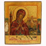 Icona russa Madre di Dio Atyrskaja, XVIII sec., Vetka: Vergine dolorosa con mani giunte, strumenti della Passione in primo piano, santi ai lati, 32×27 cm