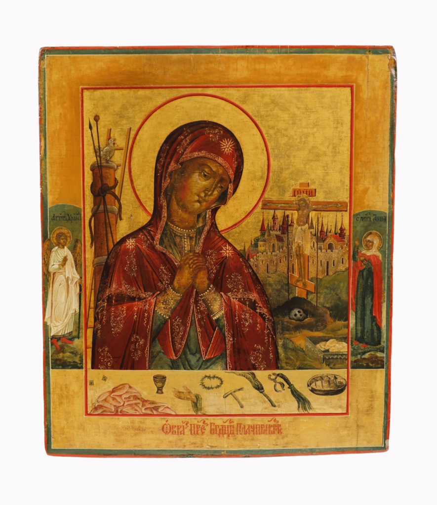 Icona russa Madre di Dio Atyrskaja, XVIII sec., Vetka: Vergine dolorosa con mani giunte, strumenti della Passione in primo piano, santi ai lati, 32×27 cm