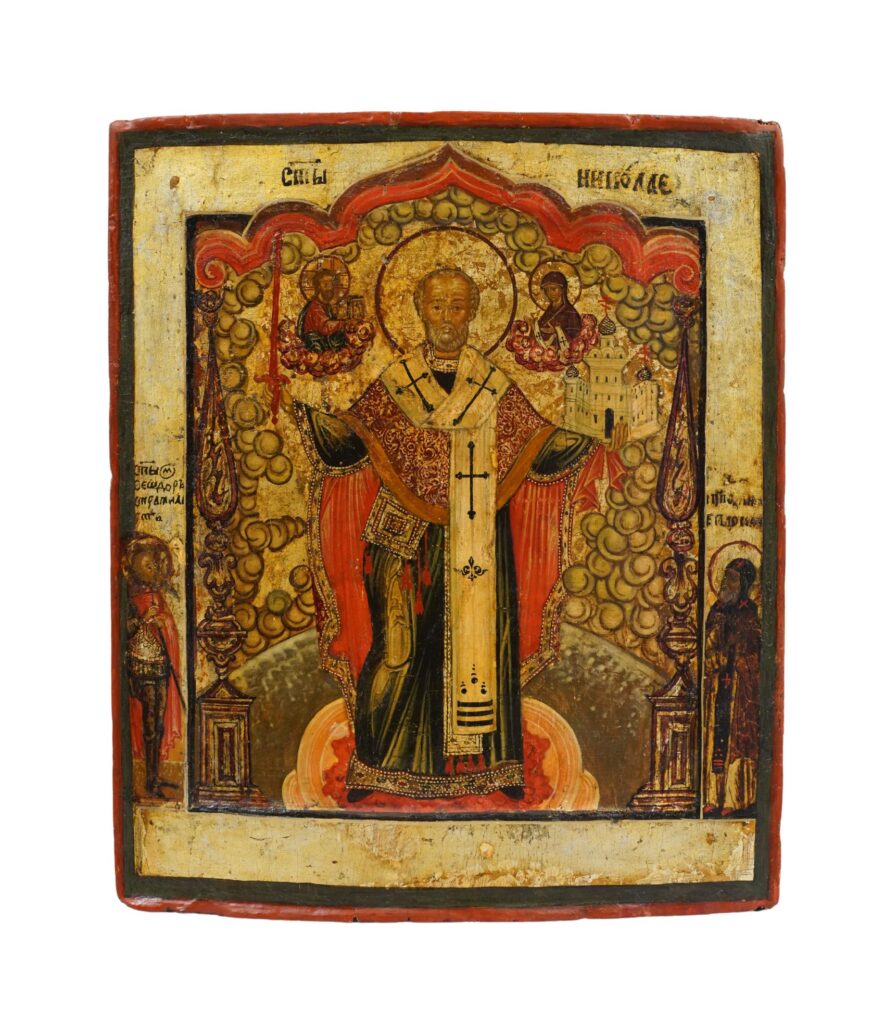 Icona russa di San Nicola di Mozajsk con spada e chiesa, XVII-XVIII secolo
