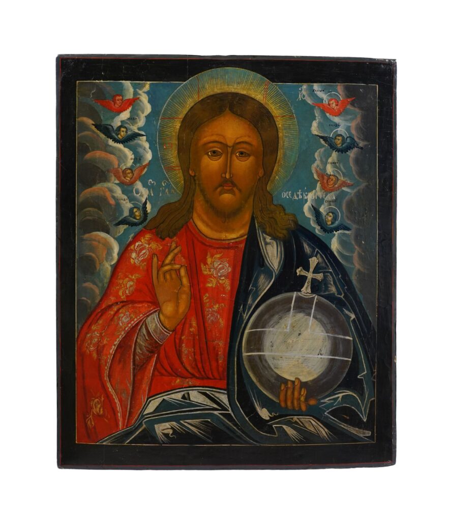 Icona russa Cristo Pantocratore, XVIII secolo, scuola di Uglich. Pubblicata a Grottaferrata, rara icona con cherubini, serafini e globo crucigero. 52,5x43,5 cm.
