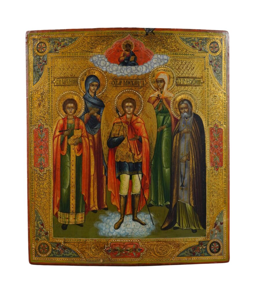 Icona russa con Arcangelo Michele e santi, XIX sec., tempera su tavola, regione di Vladimir
