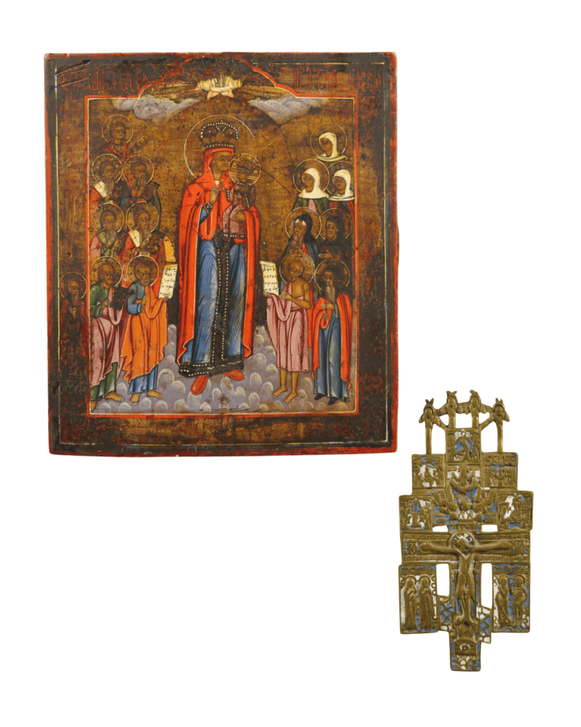 Madonna Gioia degli Afflitti e croce con le feste, icone russe antiche XIX secolo