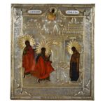 Icona Annunciazione russa 1853 con Gabriele, Maria, colomba dello Spirito Santo e Dio tra le nuvole