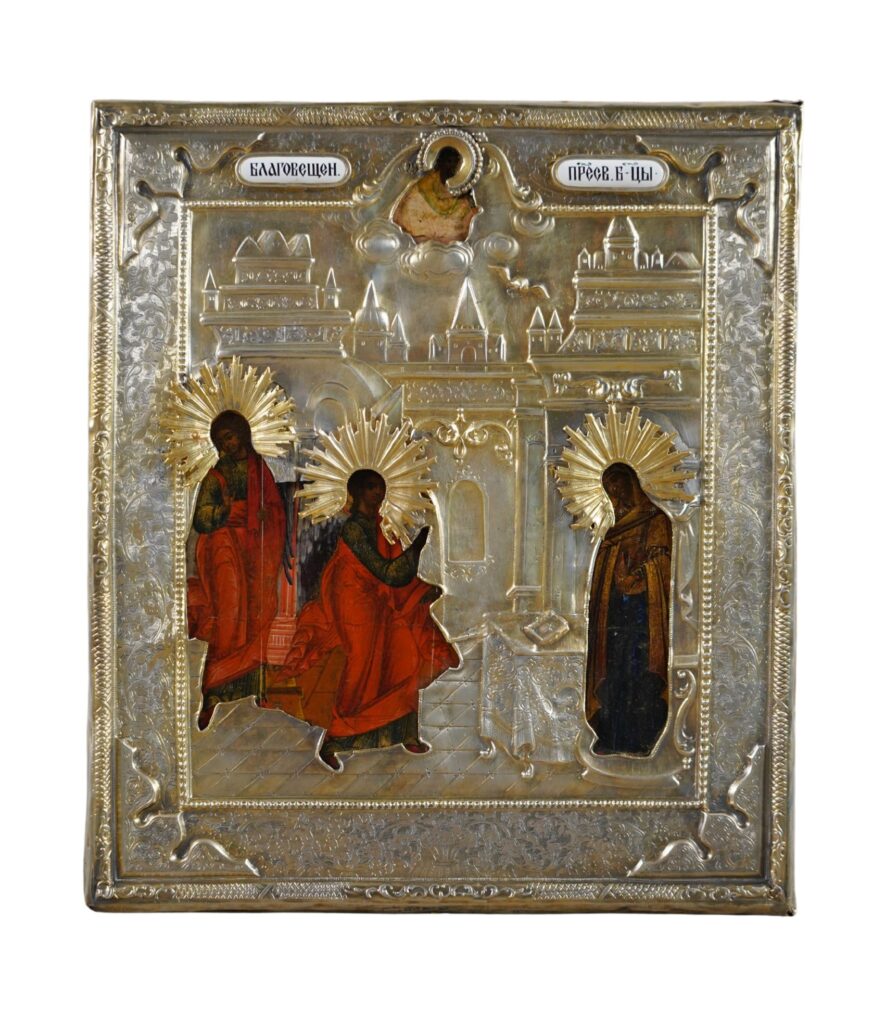 Icona Annunciazione russa 1853 con Gabriele, Maria, colomba dello Spirito Santo e Dio tra le nuvole