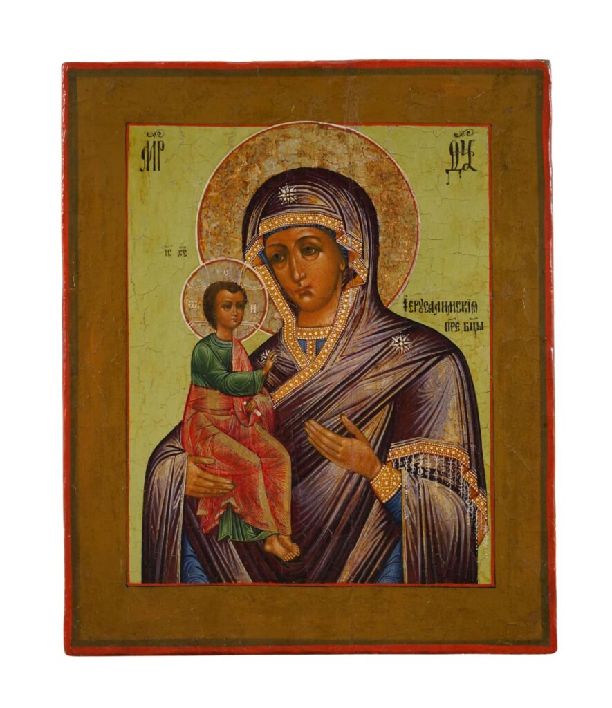 Icona russa XIX secolo – Madre di Dio di Gerusalemme in tempera all’uovo, scuola di Vladimir.