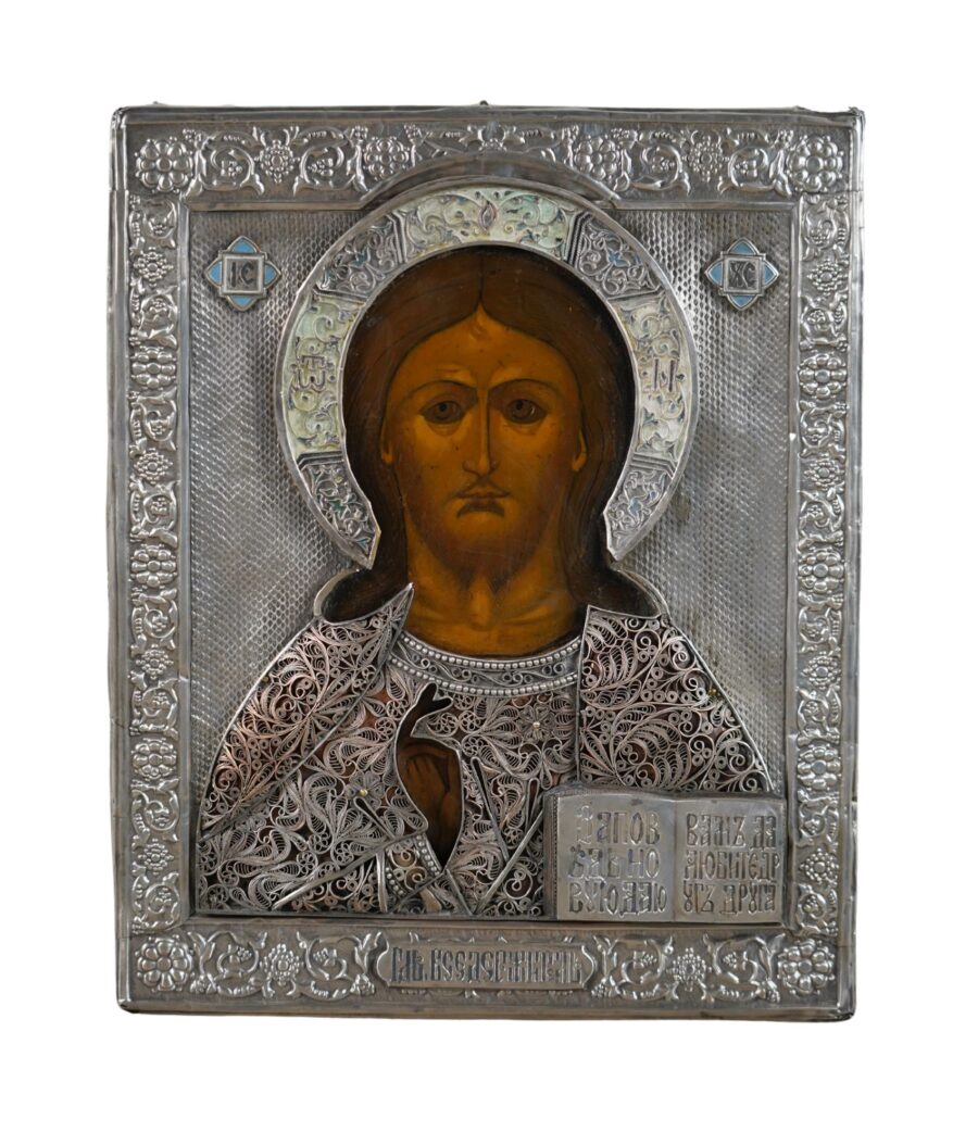 Icona russa Cristo Pantocratore con riza in filigrana, Mosca 1807