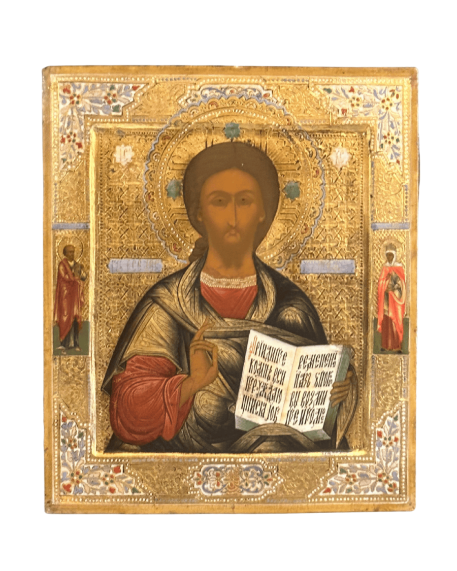 Icona russa Cristo Pantocratore su fondo dorato inciso, scuola moscovita, XIX secolo