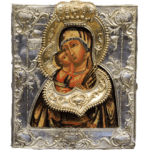 Icona russa Madre di Dio di Vladimir, XVIII secolo, Mosca: tempera su tavola con riza d’argento sbalzato e cesellato, 32×28 cm