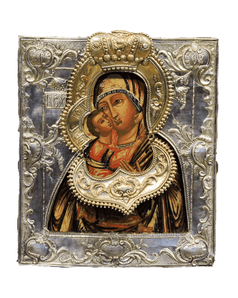 Icona russa Madre di Dio di Vladimir, XVIII secolo, Mosca: tempera su tavola con riza d’argento sbalzato e cesellato, 32×28 cm