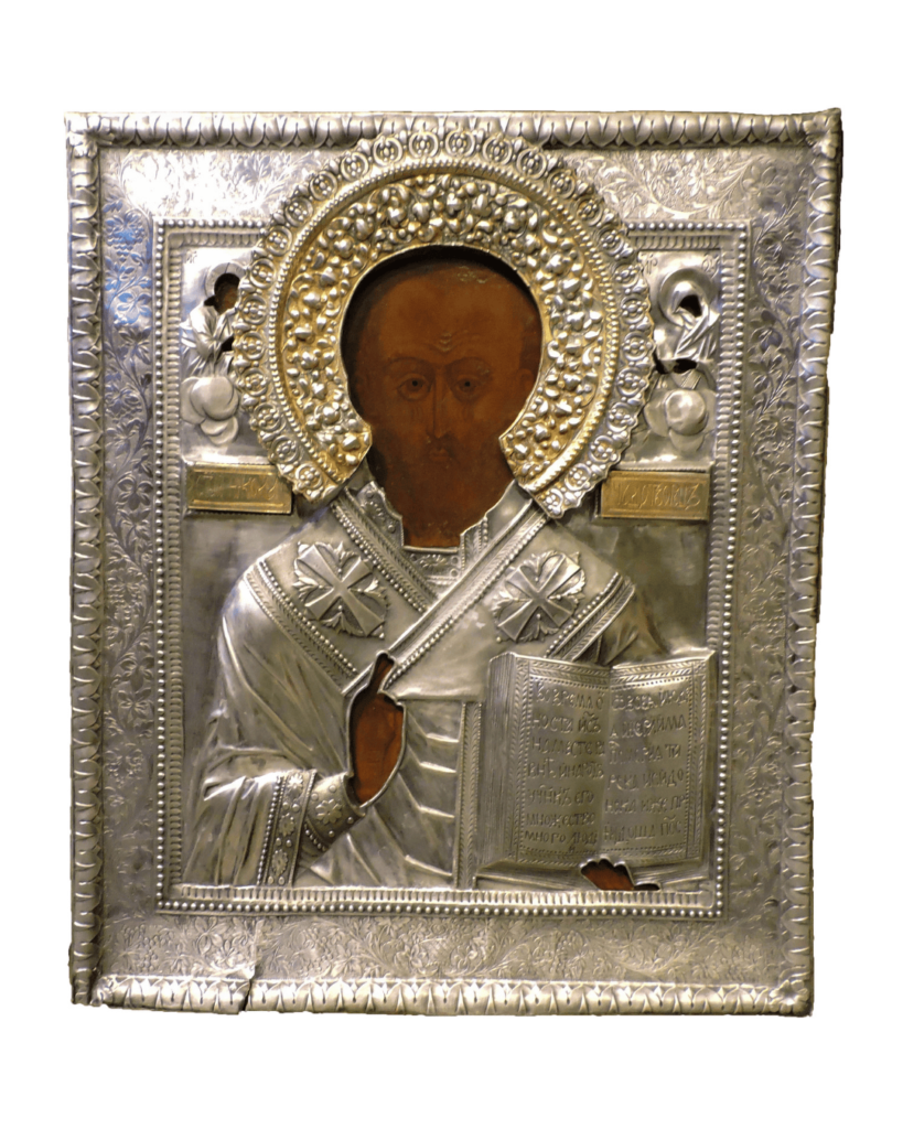 Icona russa San Nicola di Myra, tempera all’uovo su tavola con riza in argento di San Pietroburgo, XIX secolo