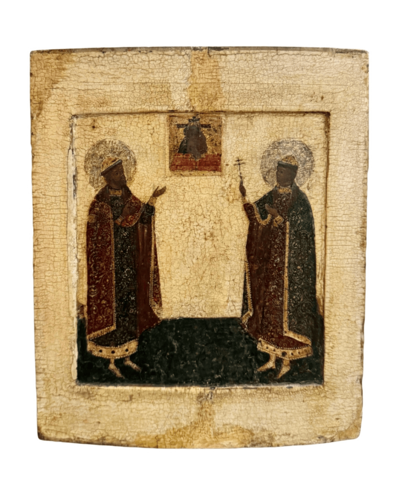 Icona russa Santi Boris e Gleb scuola Stroganov, fine XVI-inizio XVII secolo, tempera su tavola