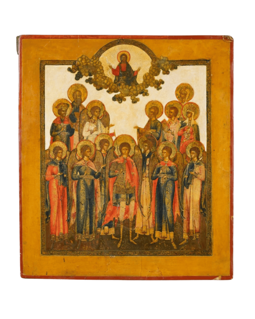 Icona russa Sinassi dell’Arcangelo Michele, tempera all’uovo su tavola, Palech, fine XVIII secolo