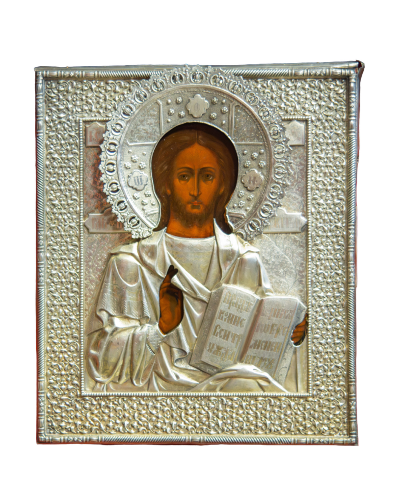 Icona russa Cristo Pantocratore XIX secolo oklad argento Mosca 1873