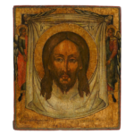 Icona russa Mandylion XVIII secolo Volto Acheropita di Cristo con angeli