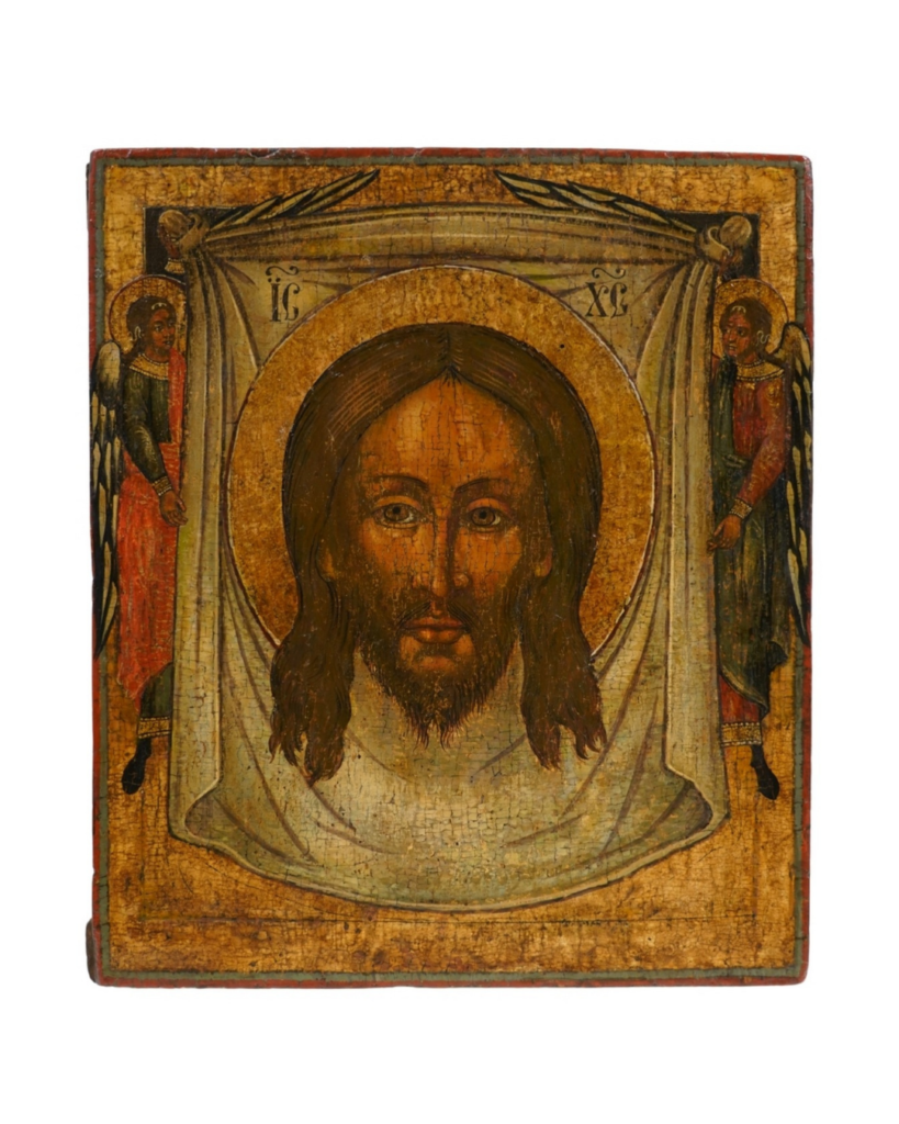 Icona russa Mandylion XVIII secolo Volto Acheropita di Cristo con angeli