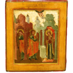 icona russa Annunciazione XVIII secolo Mosca con arcangelo Gabriele e Vergine Maria scena sacra