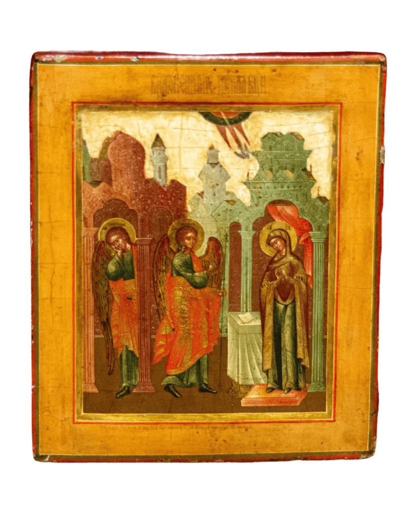 icona russa Annunciazione XVIII secolo Mosca con arcangelo Gabriele e Vergine Maria scena sacra
