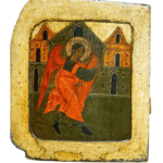 icona russa arcangelo gabriele XVII secolo mosca tempera su tavola figura intera con verga e ali rosse