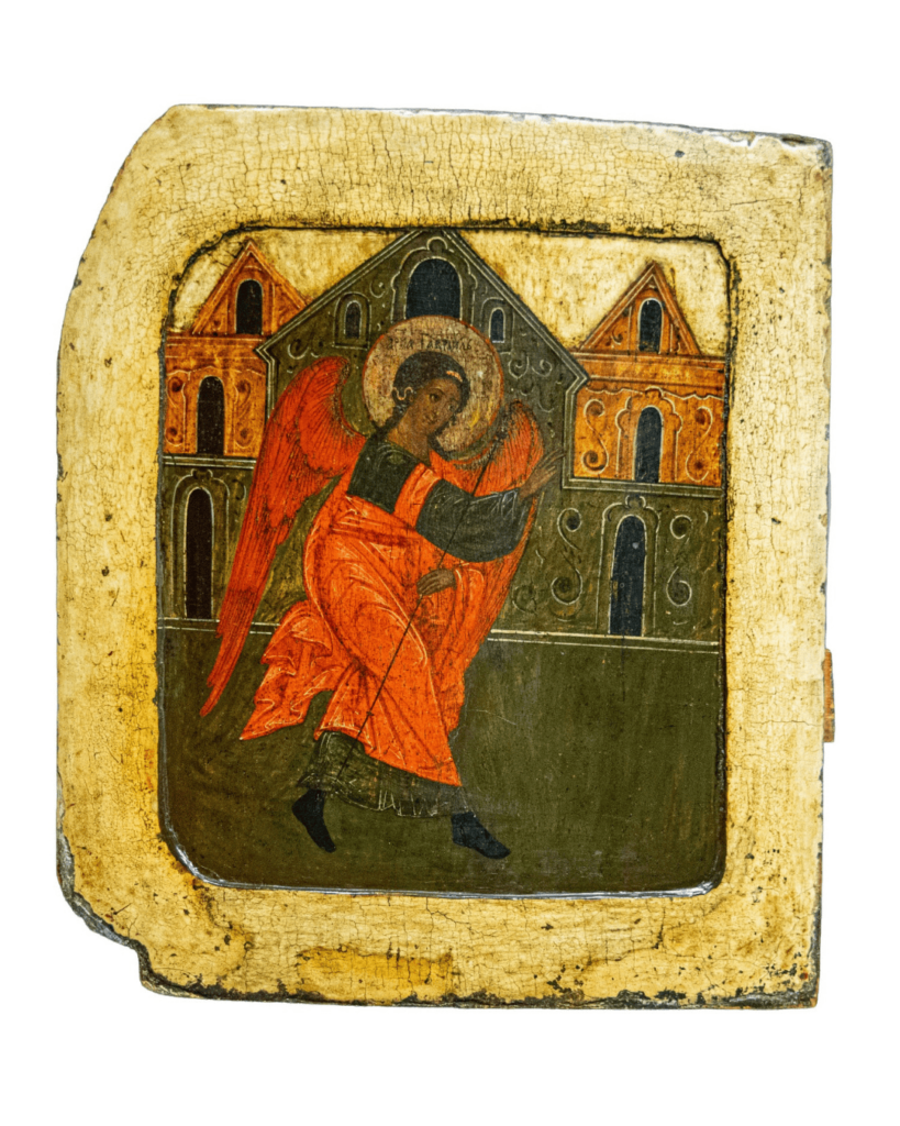 icona russa arcangelo gabriele XVII secolo mosca tempera su tavola figura intera con verga e ali rosse