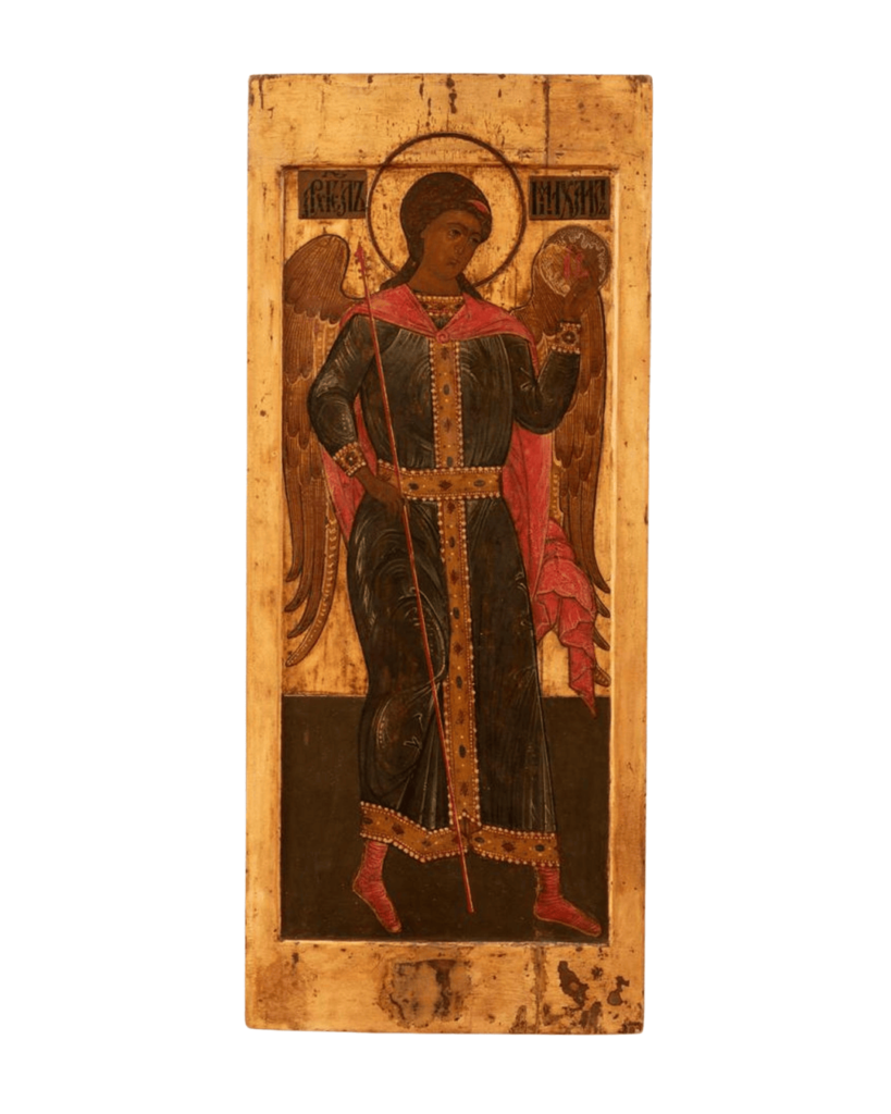 icona russa Arcangelo Michele XVII secolo Deesis con verga e disco simbolico Russia centrale
