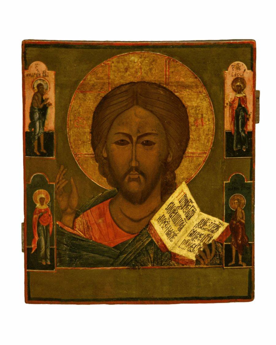 icona russa Cristo Pantocratore XIX secolo Vladimir con vangelo aperto e gesto benedicente
