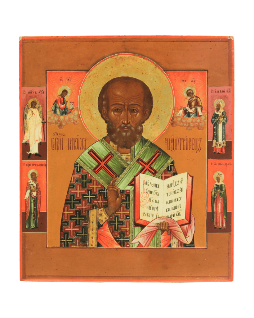 icona russa San Nicola taumaturgo XIX secolo Mosca con vangelo aperto e santi laterali