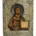 Icona russa Cristo Pantocratore del XVIII secolo, Mosca, con riza in argento e Vangelo aperto.