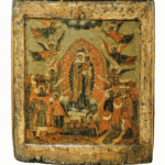 Icona russa Madre di Dio Gioia degli Afflitti, fine XVII secolo, scuola di Jaroslavl’, con la Vergine circondata da angeli e fedeli.