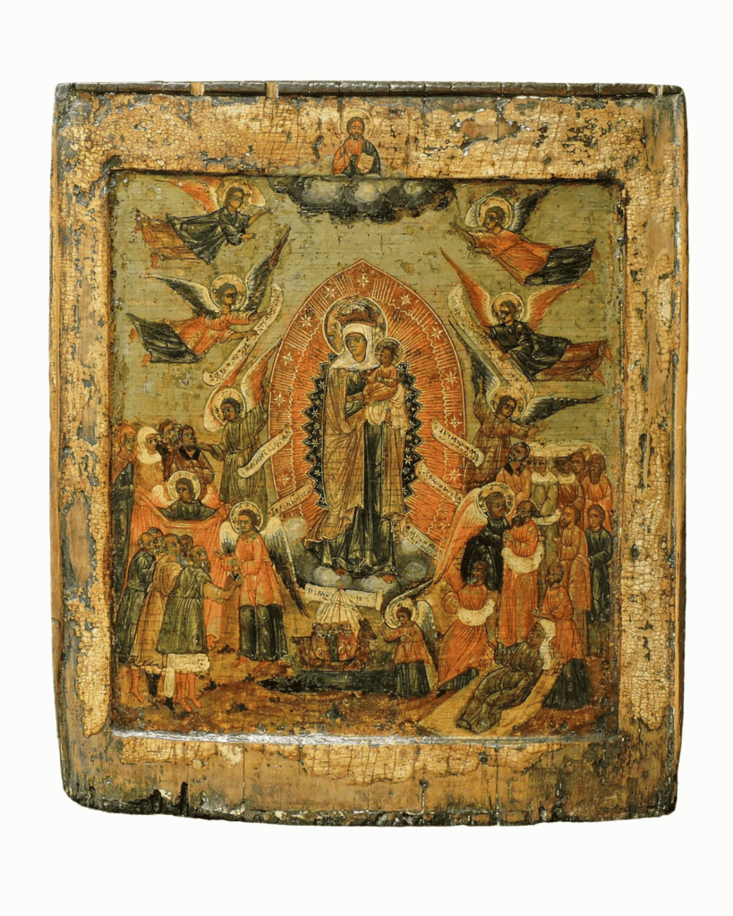 Icona russa Madre di Dio Gioia degli Afflitti, fine XVII secolo, scuola di Jaroslavl’, con la Vergine circondata da angeli e fedeli.