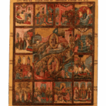 Icona russa Resurrezione con 12 Feste del XVIII secolo, scuola di Jaroslavl', con scene delle principali feste liturgiche.