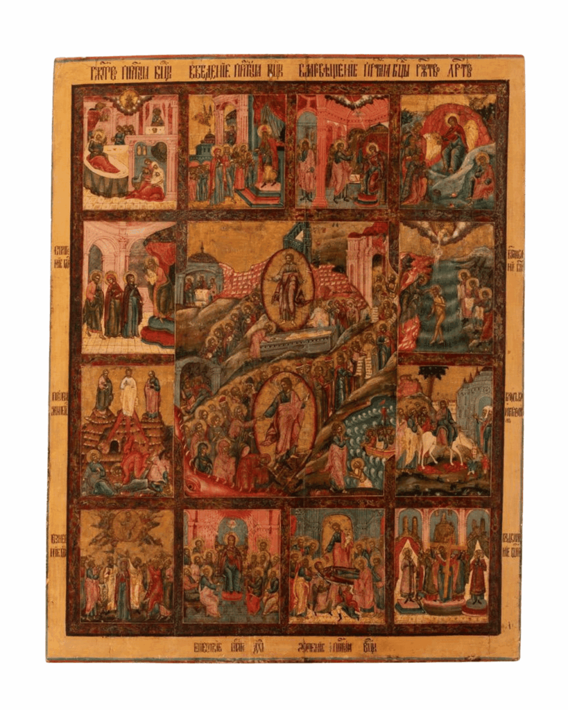 Icona russa Resurrezione con 12 Feste del XVIII secolo, scuola di Jaroslavl', con scene delle principali feste liturgiche.
